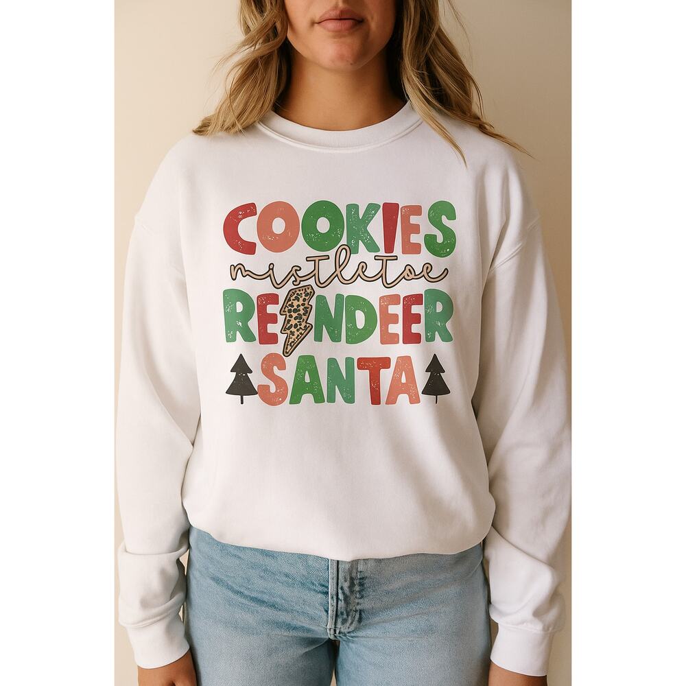 Gildan Heavy Blend White Christmas Sweatshirt Cookies Mistletoe Reindeer Santa M